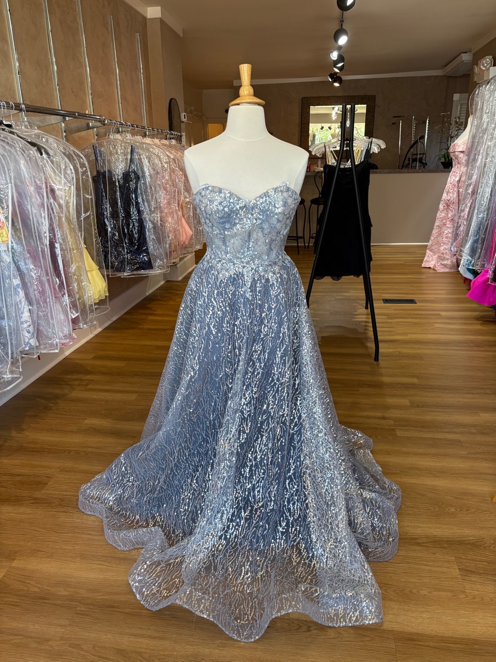 Sparkling Strapless Silver-Blue Ball Gown